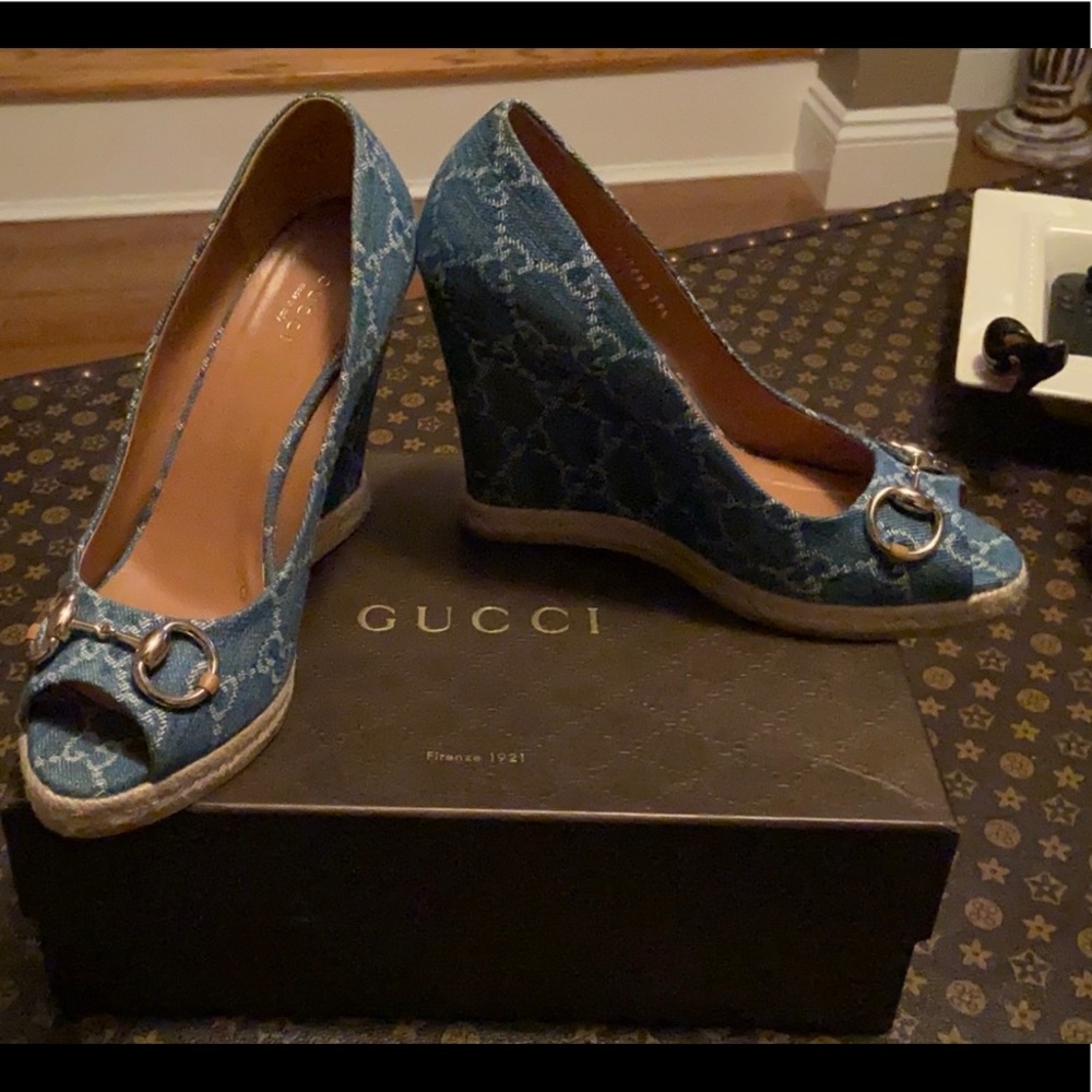 Denim Gucci peep toe wedge shoes 39.5